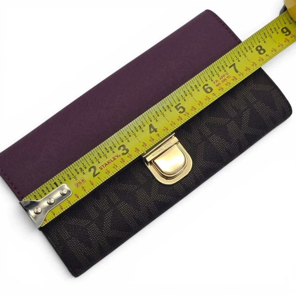 Michael Kors Bridgette Flap Wallet Brown MK‎ Logo Burgandy Eggplant Leather Lock